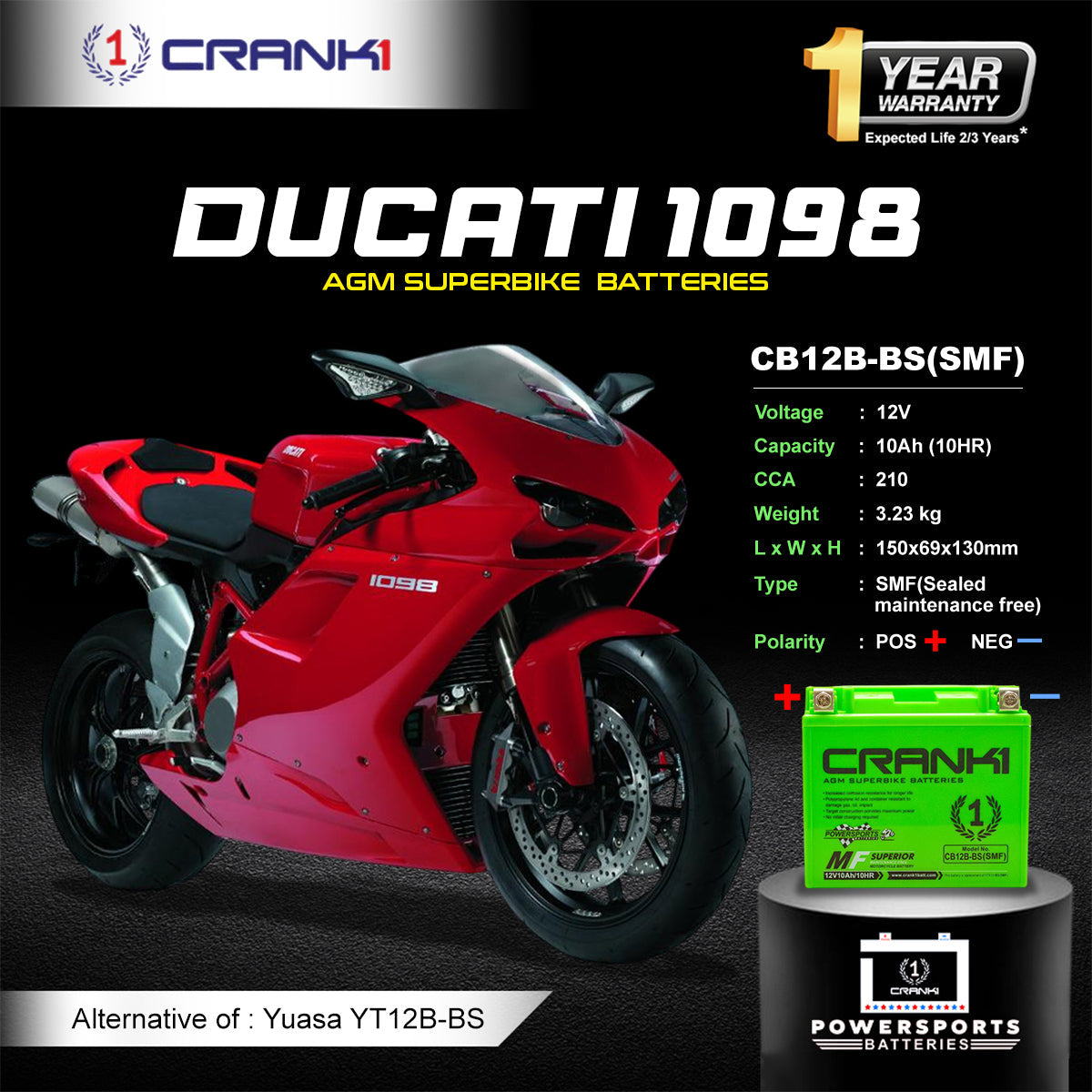 Crank1 Battery For Ducati 1098 (2007-2025) - CB12B-BS - Factory Activated