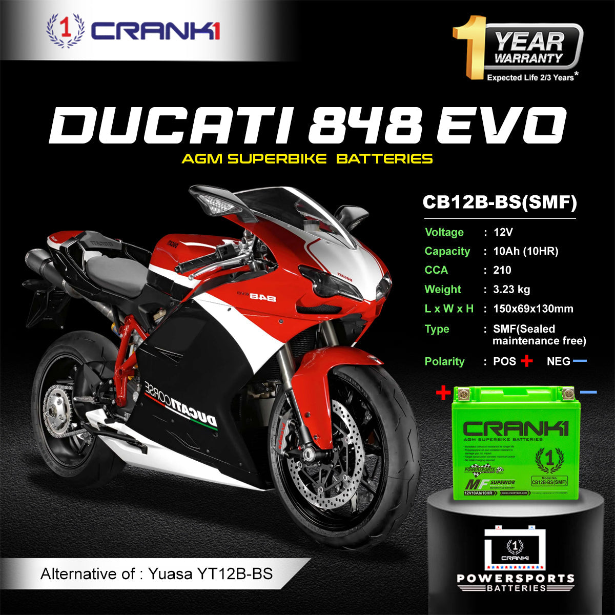 Crank1 Battery For Ducati 848 EVO (2015-2025) - CB12B-BS - Factory Activated