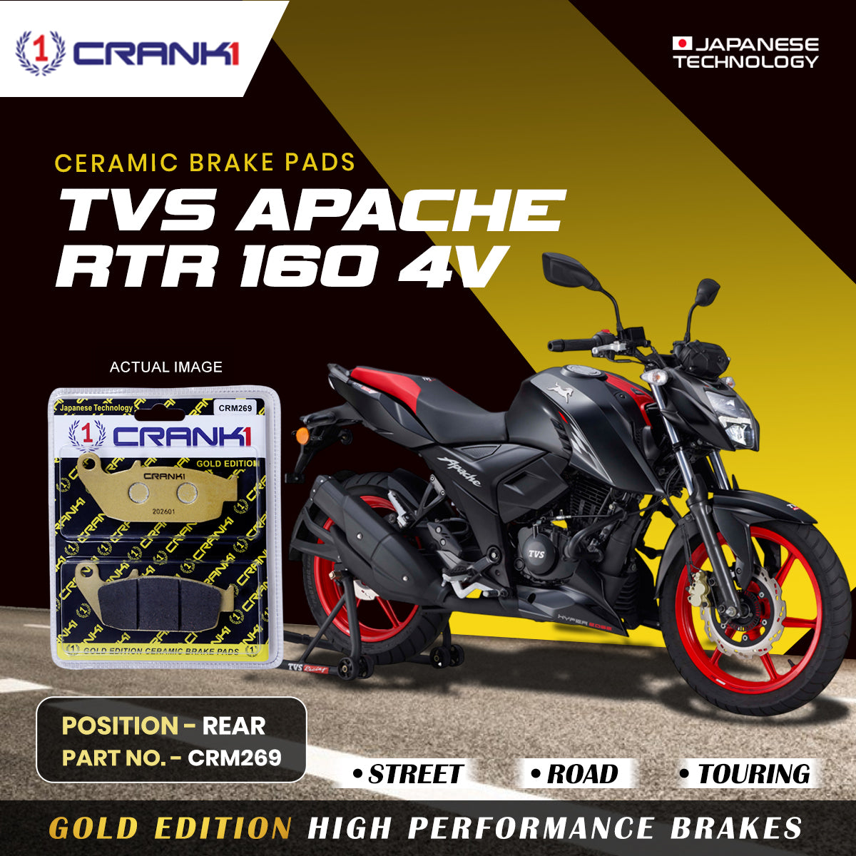 Crank1 Ceramic Brake Pads For TVS Apache RTR 160 4V - Rear - CRM269