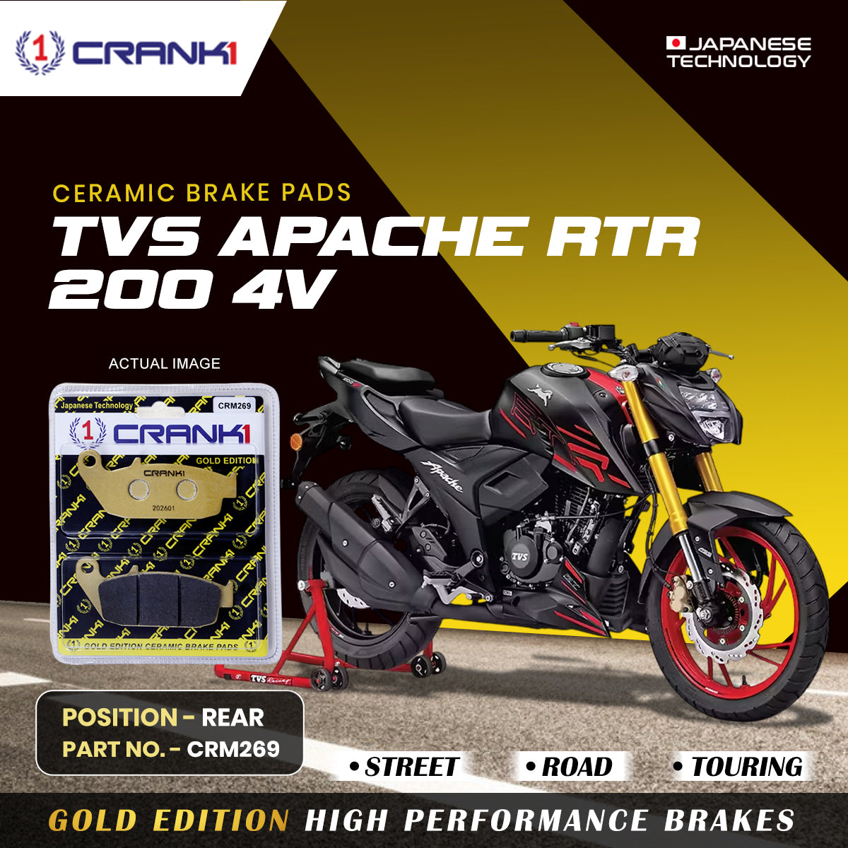 Crank1 Ceramic Brake Pads For TVS Apache RTR 200 4V - Rear - CRM269