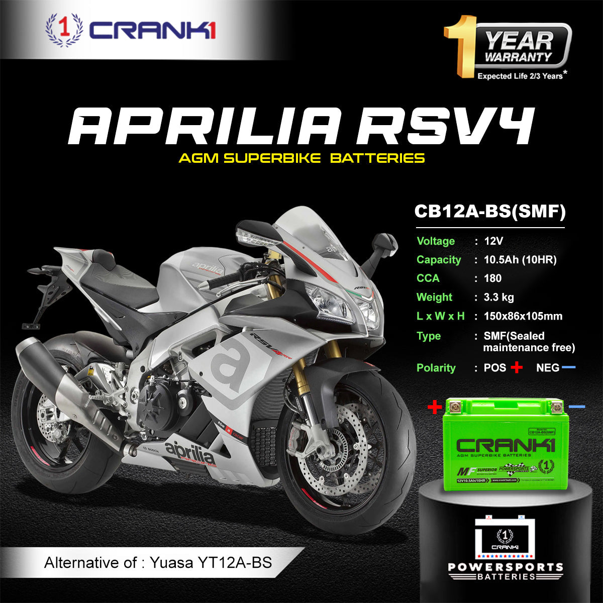 Crank1 Battery For Aprilia RSV4 (2017-2025) - CB12A-BS - Factory Activated