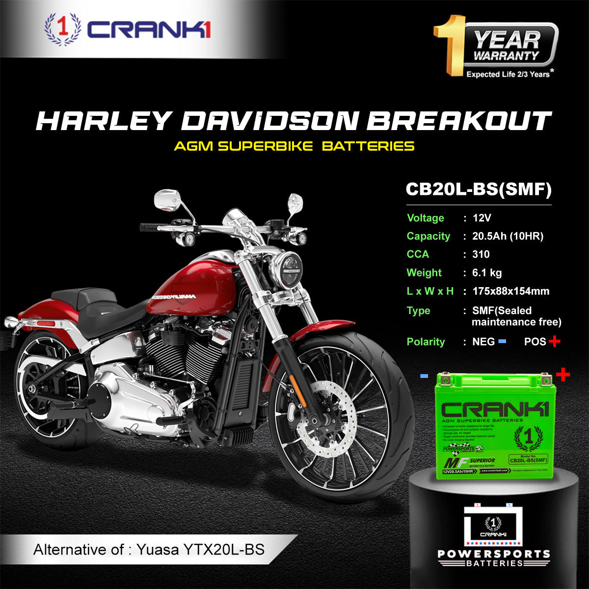 Crank1 Battery For Harley Davidson Breakout 1690 (2015-2025) - CB20L-BS - Factory Activated