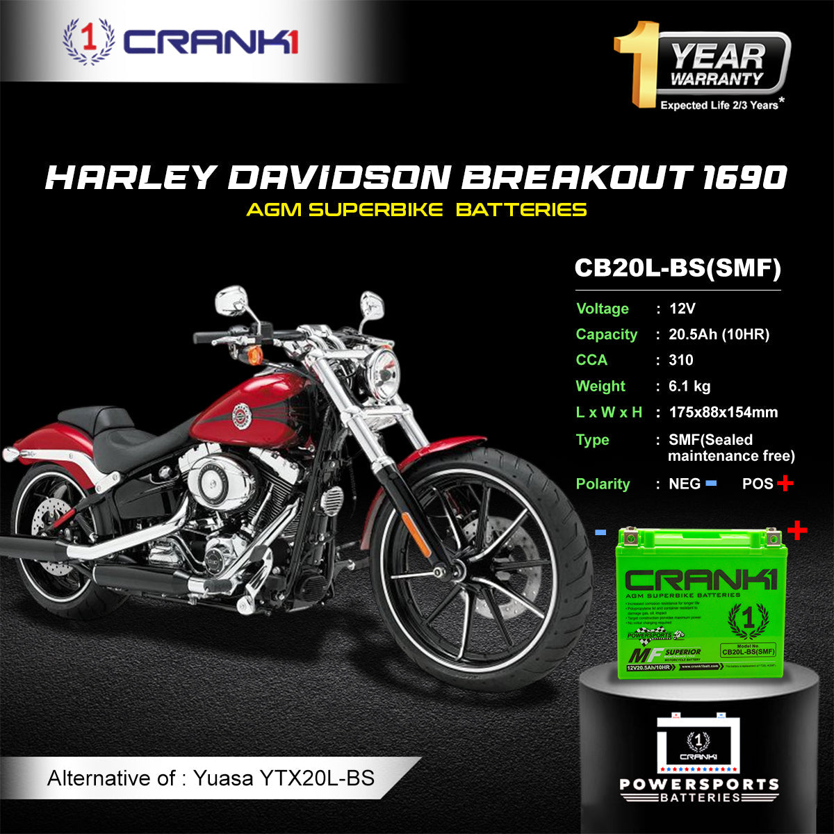 Crank1 Battery For Harley Davidson Breakout 1690 (2010-2025) - CB20L-BS - Factory Activated