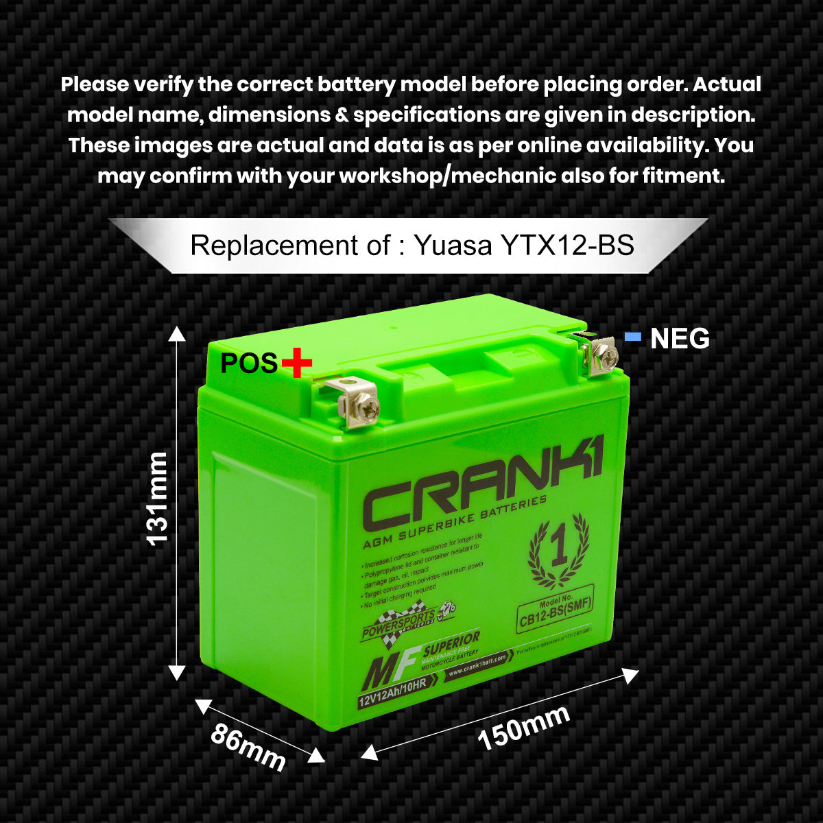 Crank1 Battery For Triumph Thruxton 1200 - CB12-BS - Factory Activated