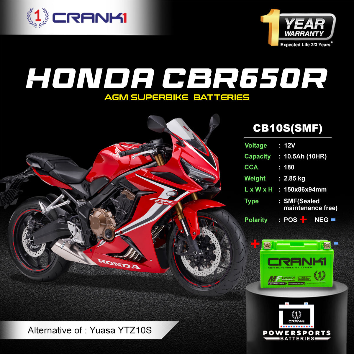 Crank1 Battery For Honda CBR 650R (2010-2025) - CB10S - Factory Activated