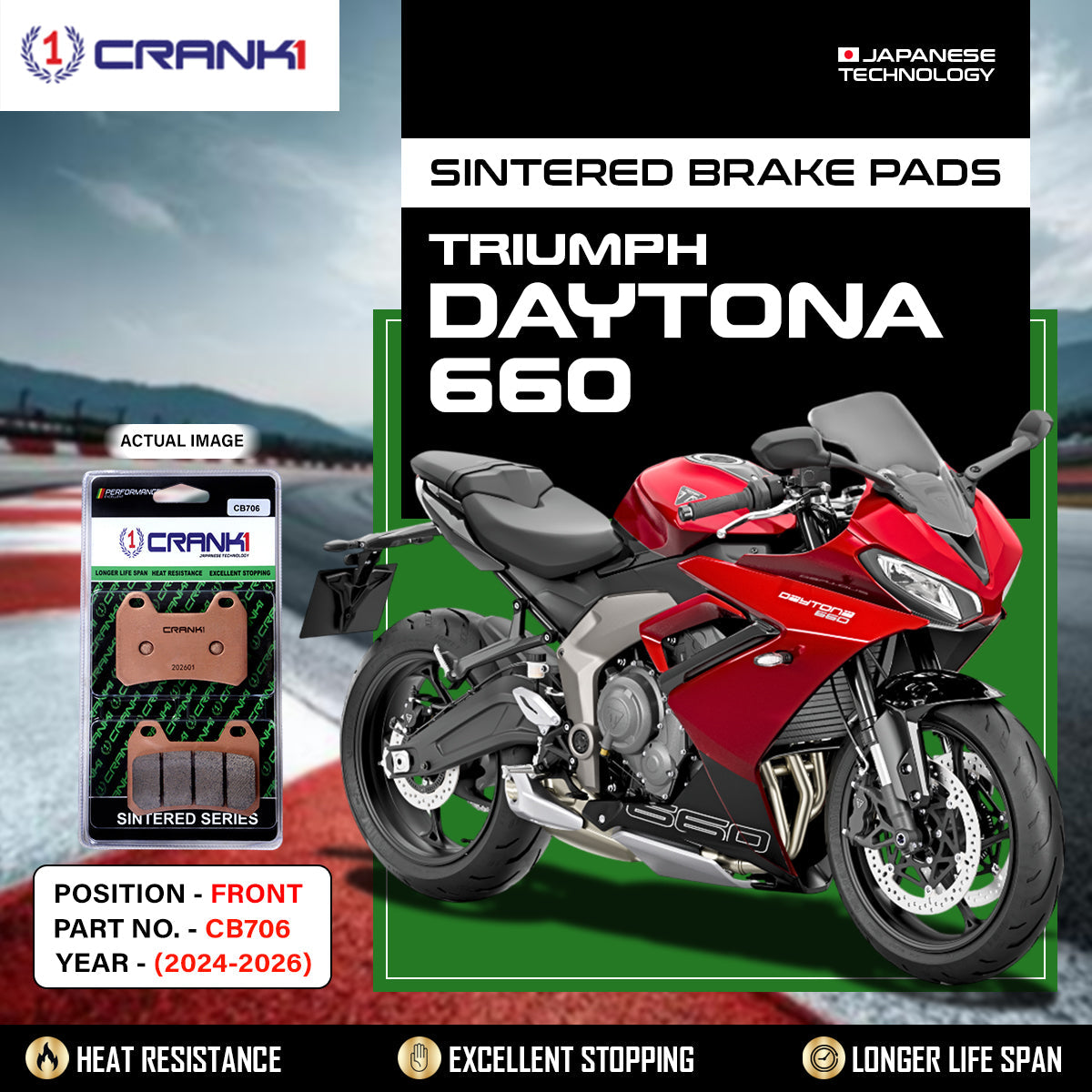 Crank1 Sintered Brake Pads For Triumph Daytona 660 (2024-2026) - Front - CB706 - 2 Sets