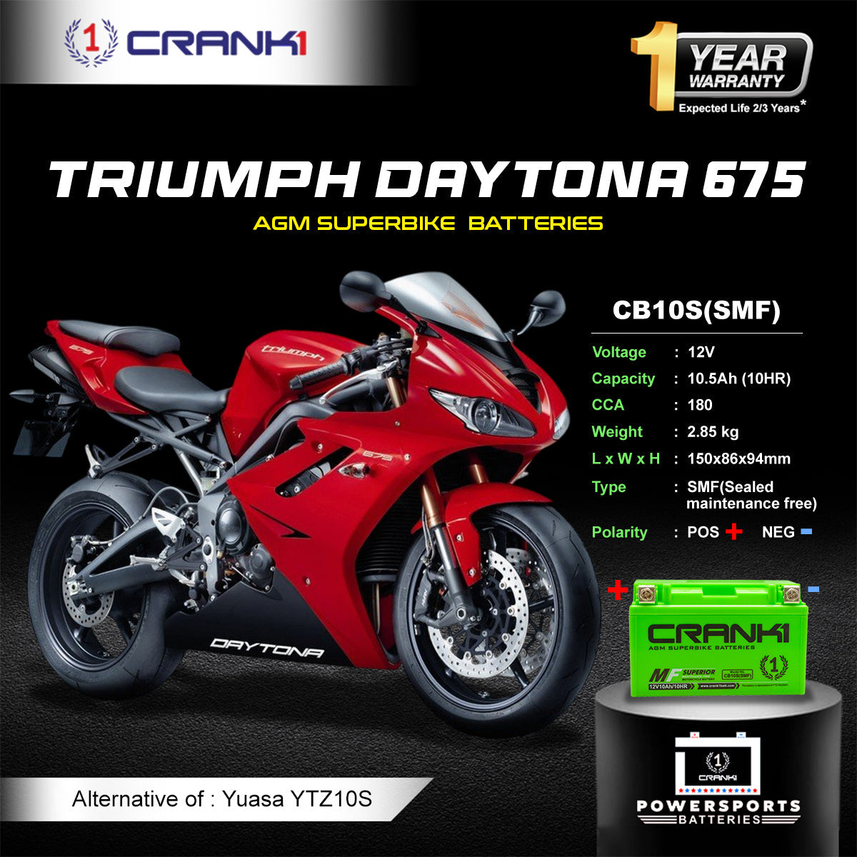 Crank1 Battery For Triumph Daytona 675 (2010-2025) - CB10S - Factory Activated