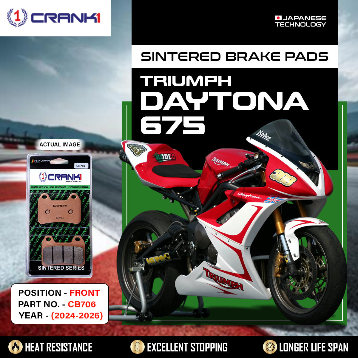 Crank1 Sintered Brake Pads For Triumph Daytona 675 (2024-2026) - Front - CB706 - 2 Sets