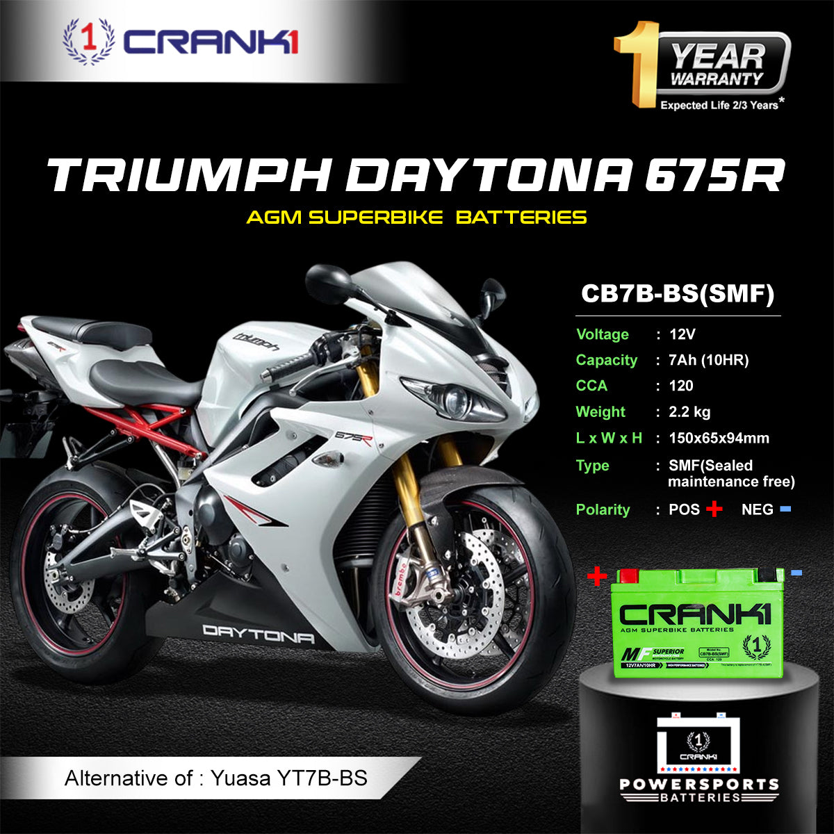 Crank1 Battery For Triumph Daytona 675R (2006-2025) - CB7B-BS - Factory Activated
