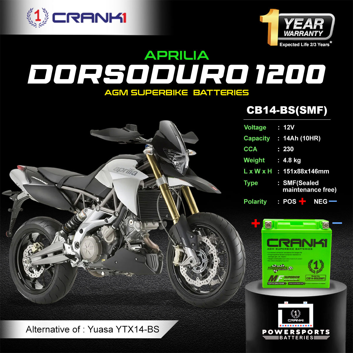 Crank1 Battery For Aprilia Dorsoduro 1200 (2010-2017) - CB14-BS - Factory Activated