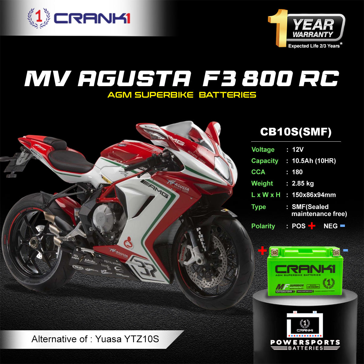 Crank1 Battery For MV Agusta F3 800 RC (2016-2020) - CB10S - Factory Activated