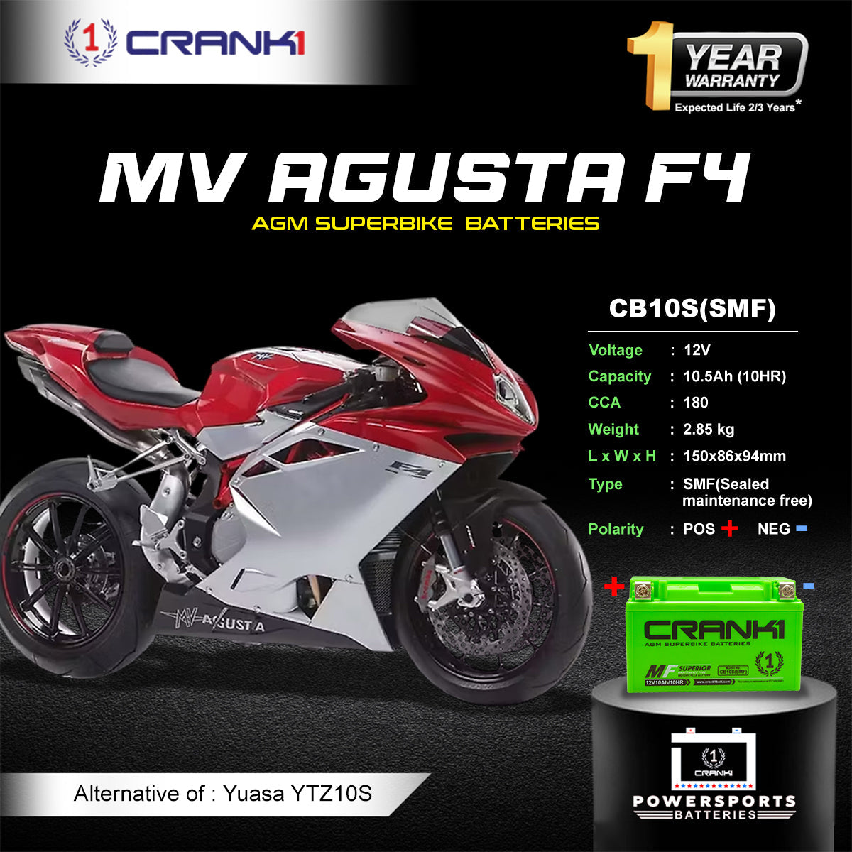 Crank1 Battery For MV Agusta F4 (2005-2016) - CB10S - Factory Activated