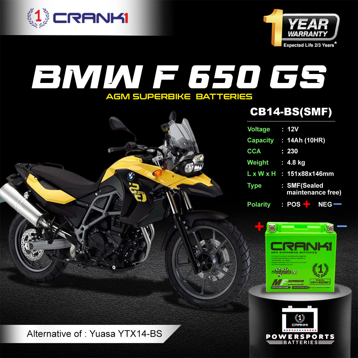 Crank1 Battery For BMW F 650 GS (2007-2012) - CB14-BS - Factory Activated