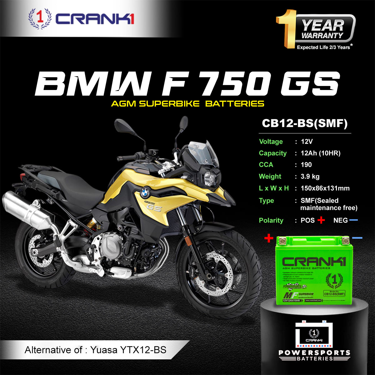 Crank1 Battery For BMW F 750 GS (2015-2025) - CB12-BS - Factory Activated