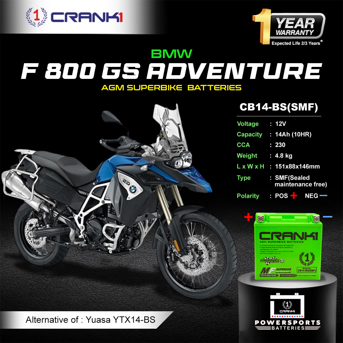 Crank1 Battery For BMW F 800 GS Adventure (2015-2024) - CB14-BS - Factory Activated