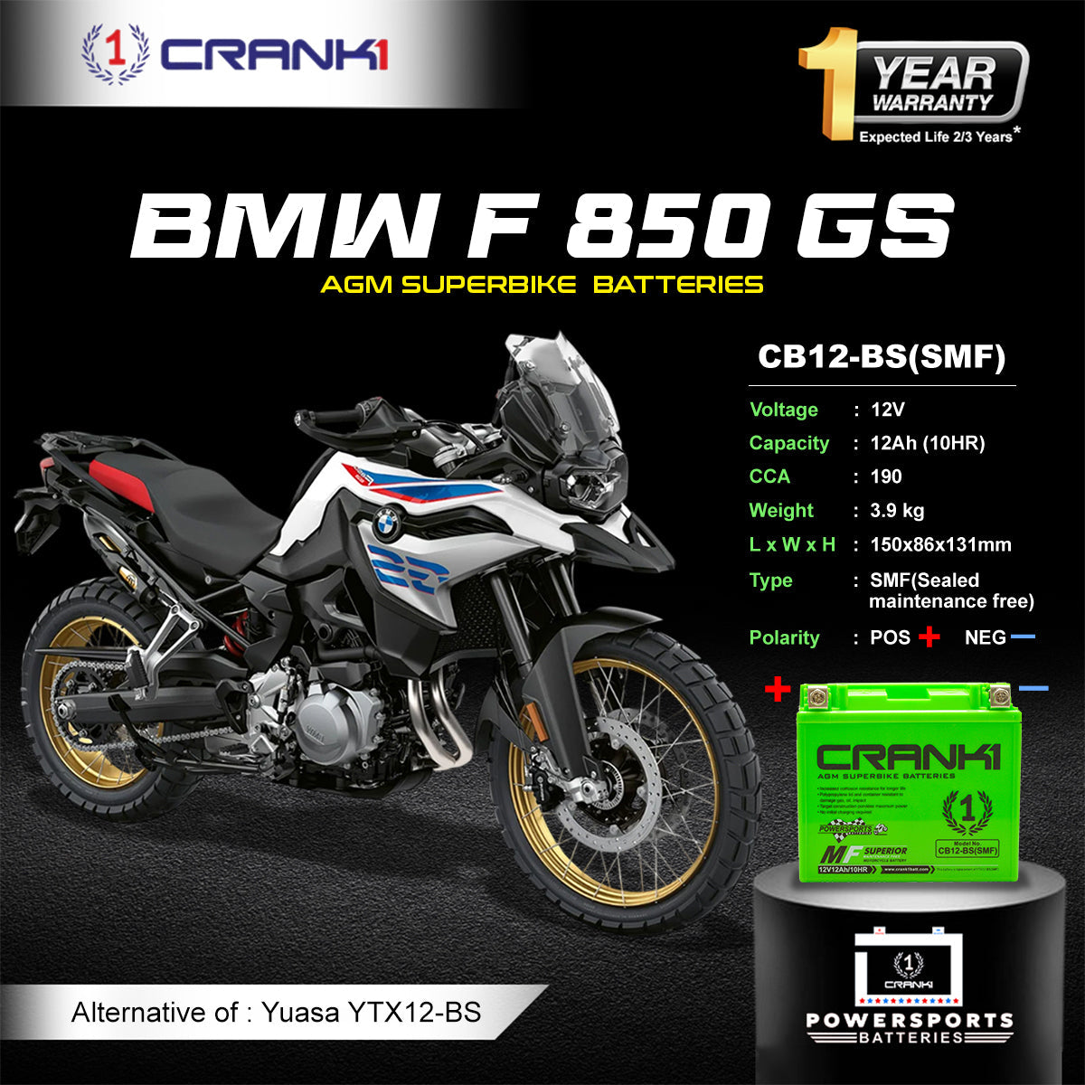 Crank1 Battery For BMW F 850 GS (2016-2025) - CB12-BS - Factory Activated
