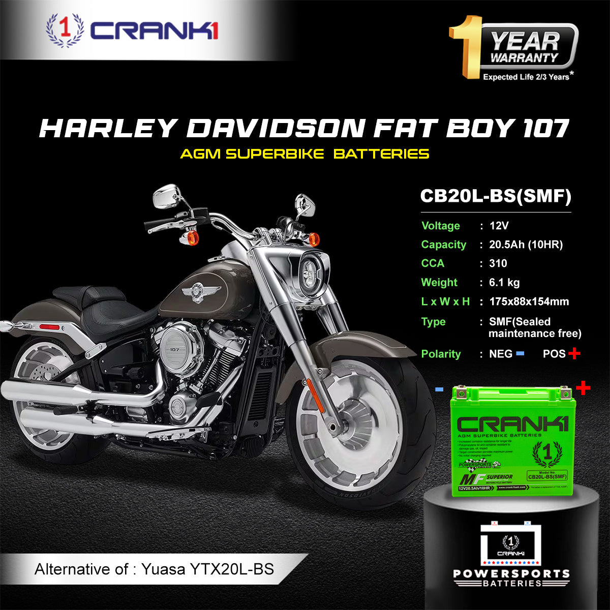 Crank1 Battery For Harley Davidson Fat Boy 107 (2018 Onwards) - CB20L-BS - Factory Activated