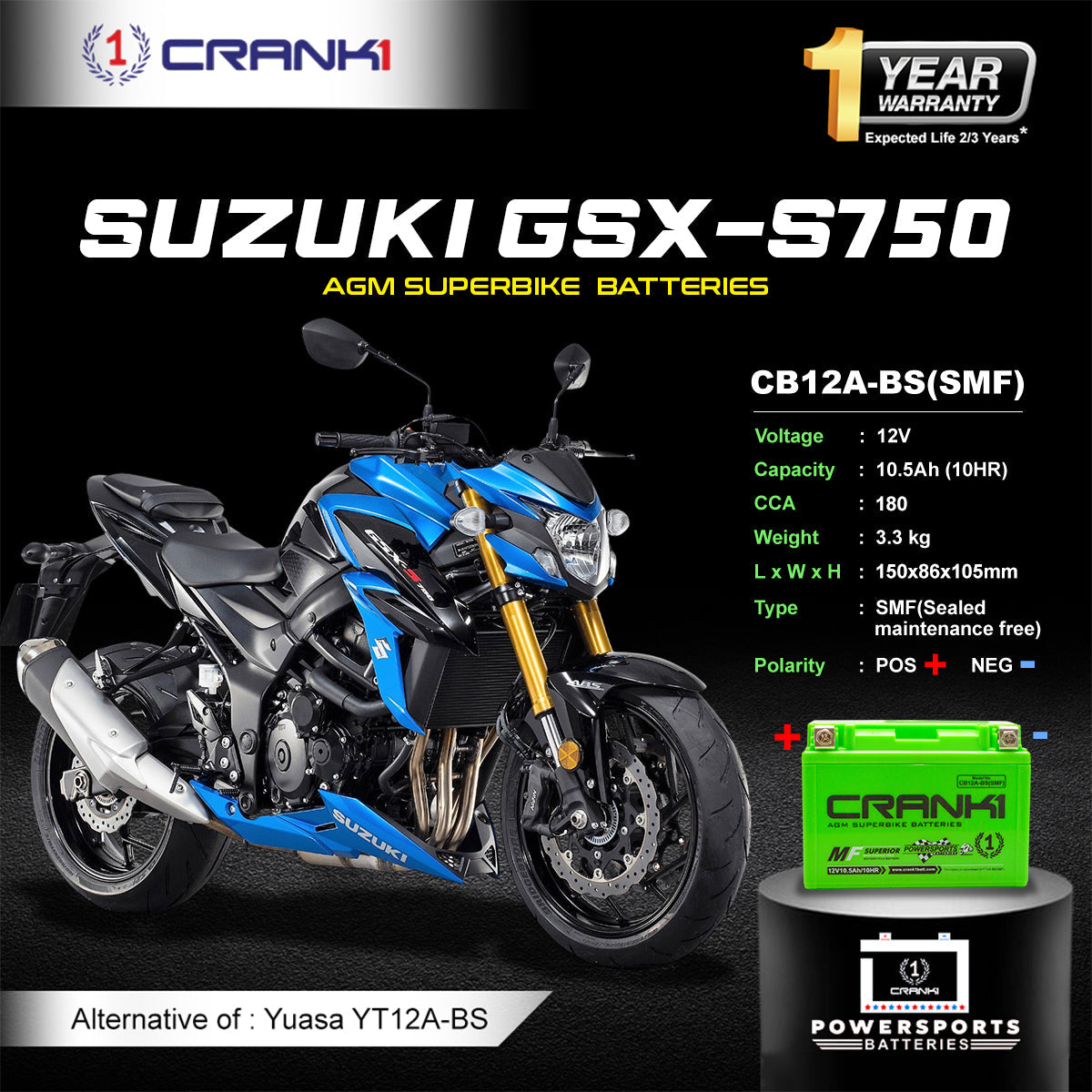 Crank1 Battery For Suzuki GSX-S750 (2015-2019) - CB12A-BS - Factory Activated