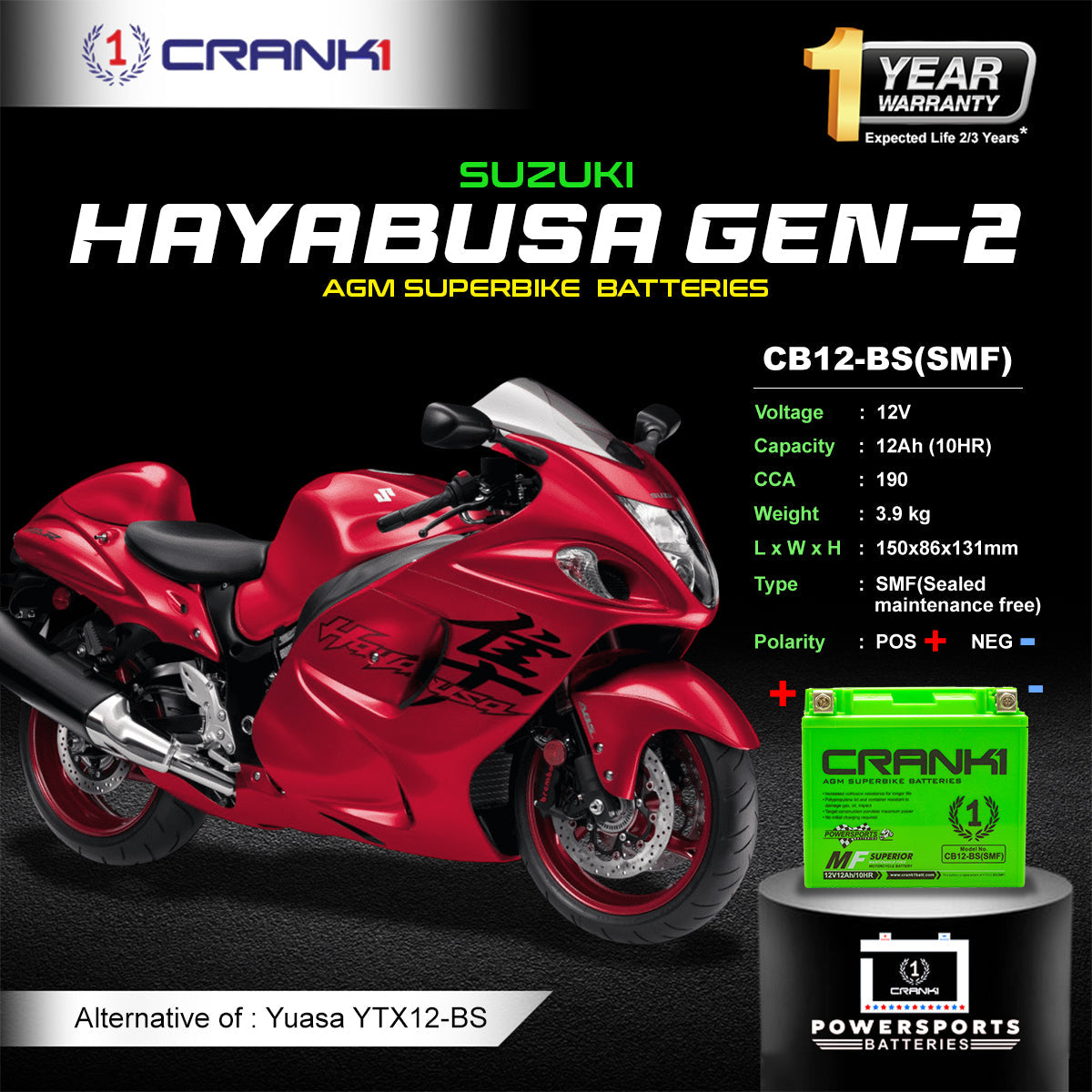 Crank1 Battery For Suzuki Hayabusa GEN-2 (2008-2020) - CB12-BS - Factory Activated