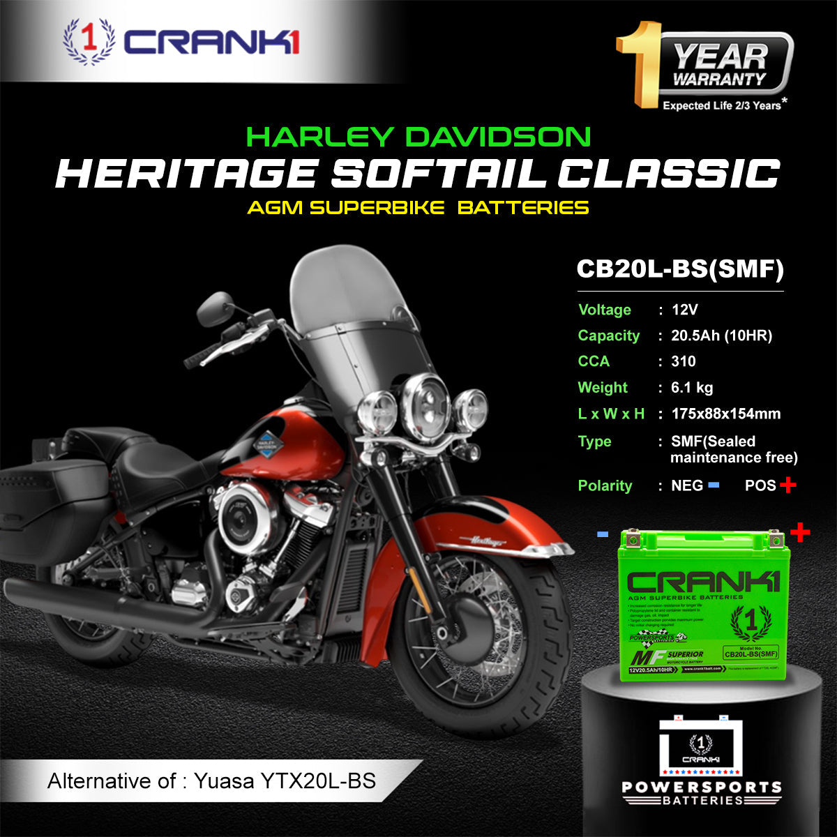 Crank1 Battery For Harley Davidson Heritage Softail Classic (2013-2025) - CB20L-BS - Factory Activated