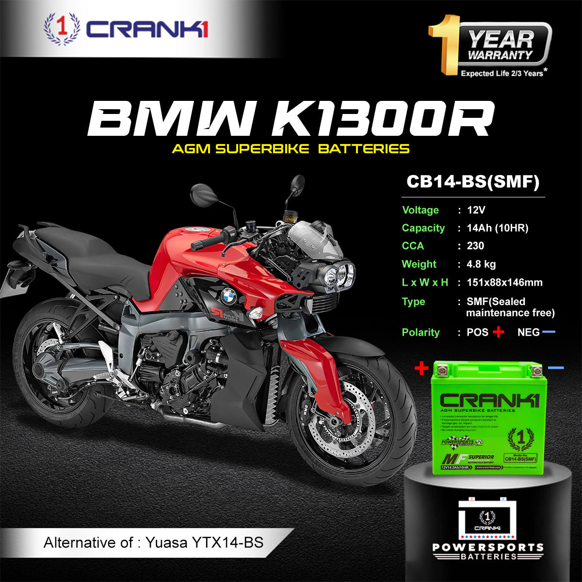 Crank1 Battery For BMW K1300R (2009-2016) - CB14-BS - Factory Activated