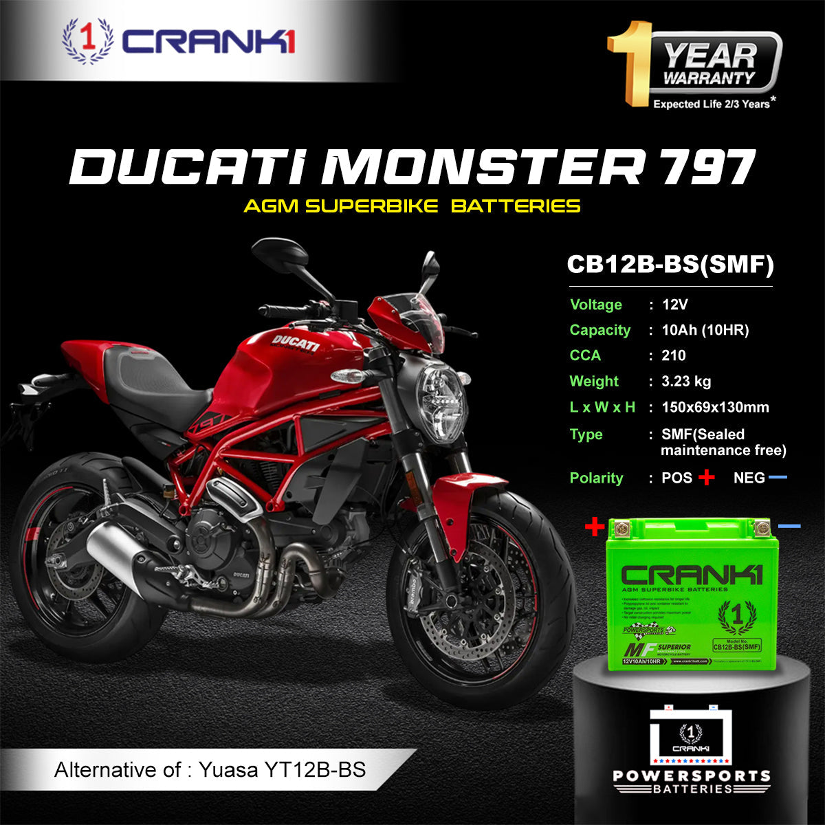 Crank1 Battery For Ducati Monster 797 (2017-2025) - CB12B-BS - Factory Activated