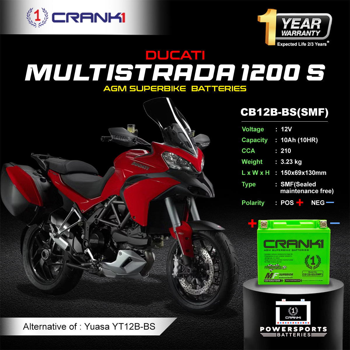 Crank1 Battery For Ducati Multistrada 1200 S - CB12B-BS - Factory Activated