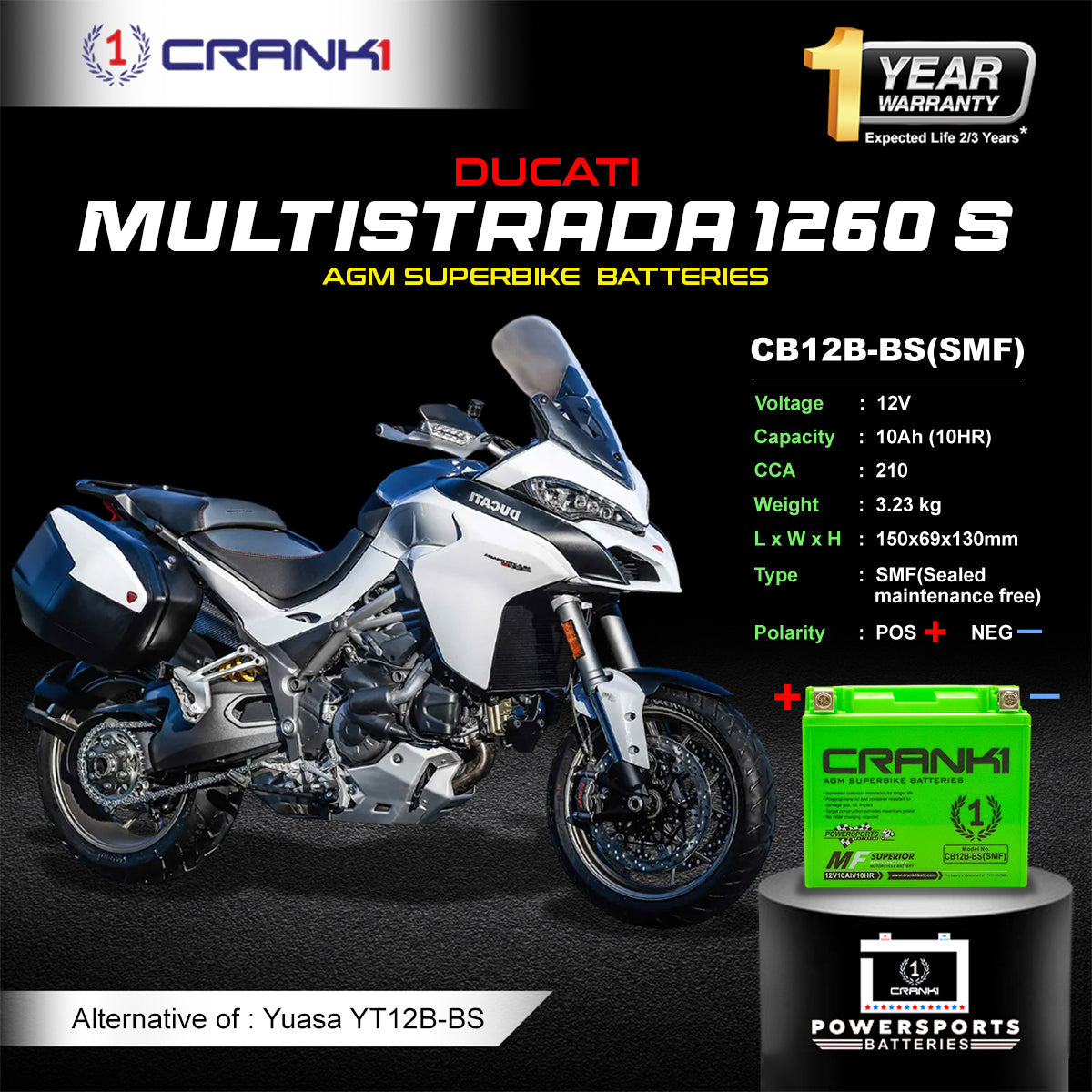 Crank1 Battery For Ducati Multistrada 1260 S (2010-2025) - CB12B-BS - Factory Activated