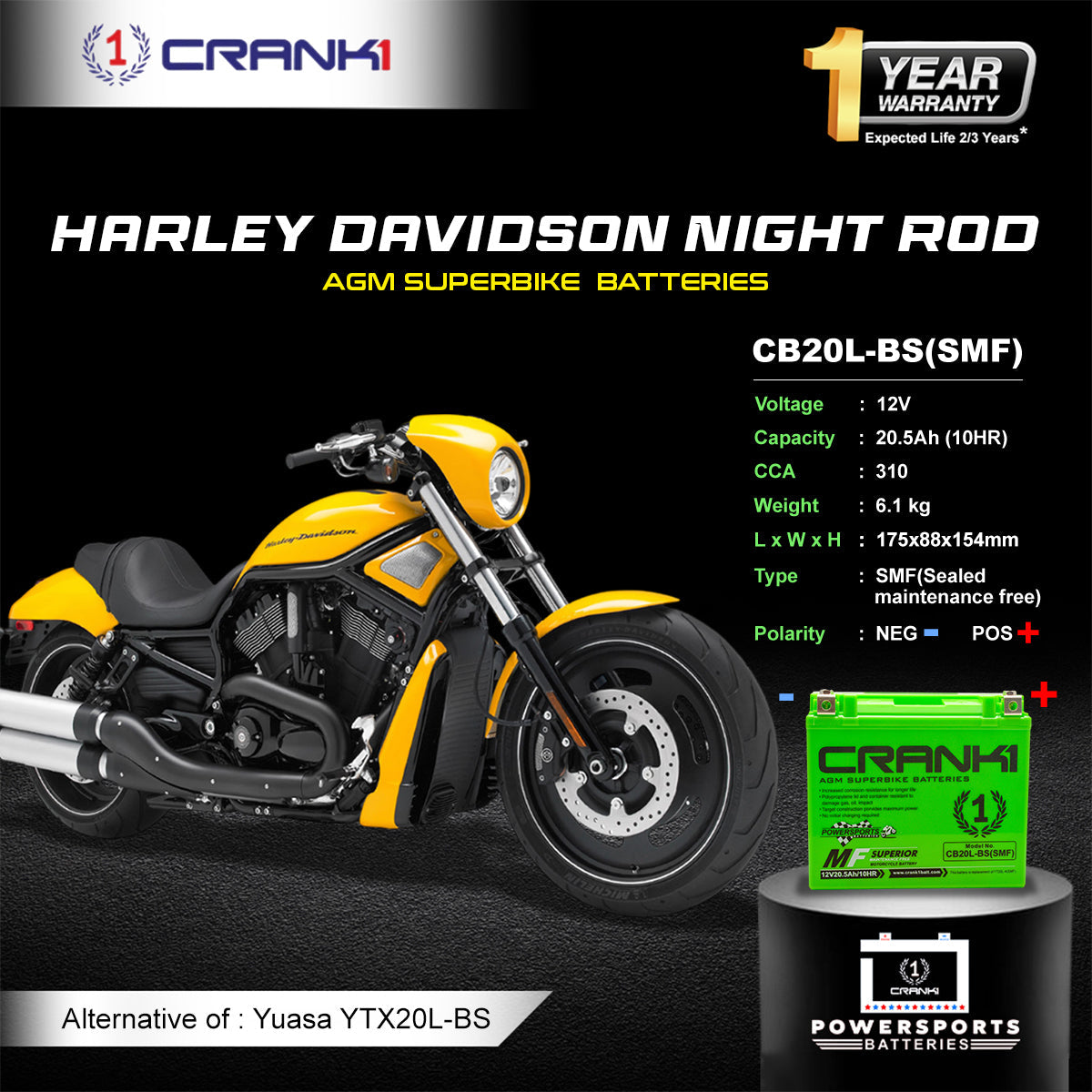 Crank1 Battery For Harley Davidson Night Rod (2012-2015) - CB20L-BS - Factory Activated