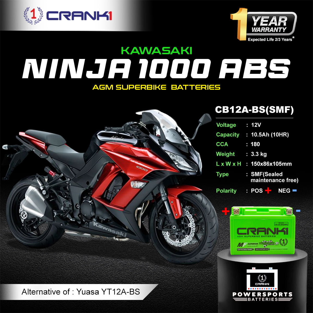 Crank1 Battery For Kawasaki Ninja 1000 ABS (2014-2025) - CB12A-BS - Factory Activated