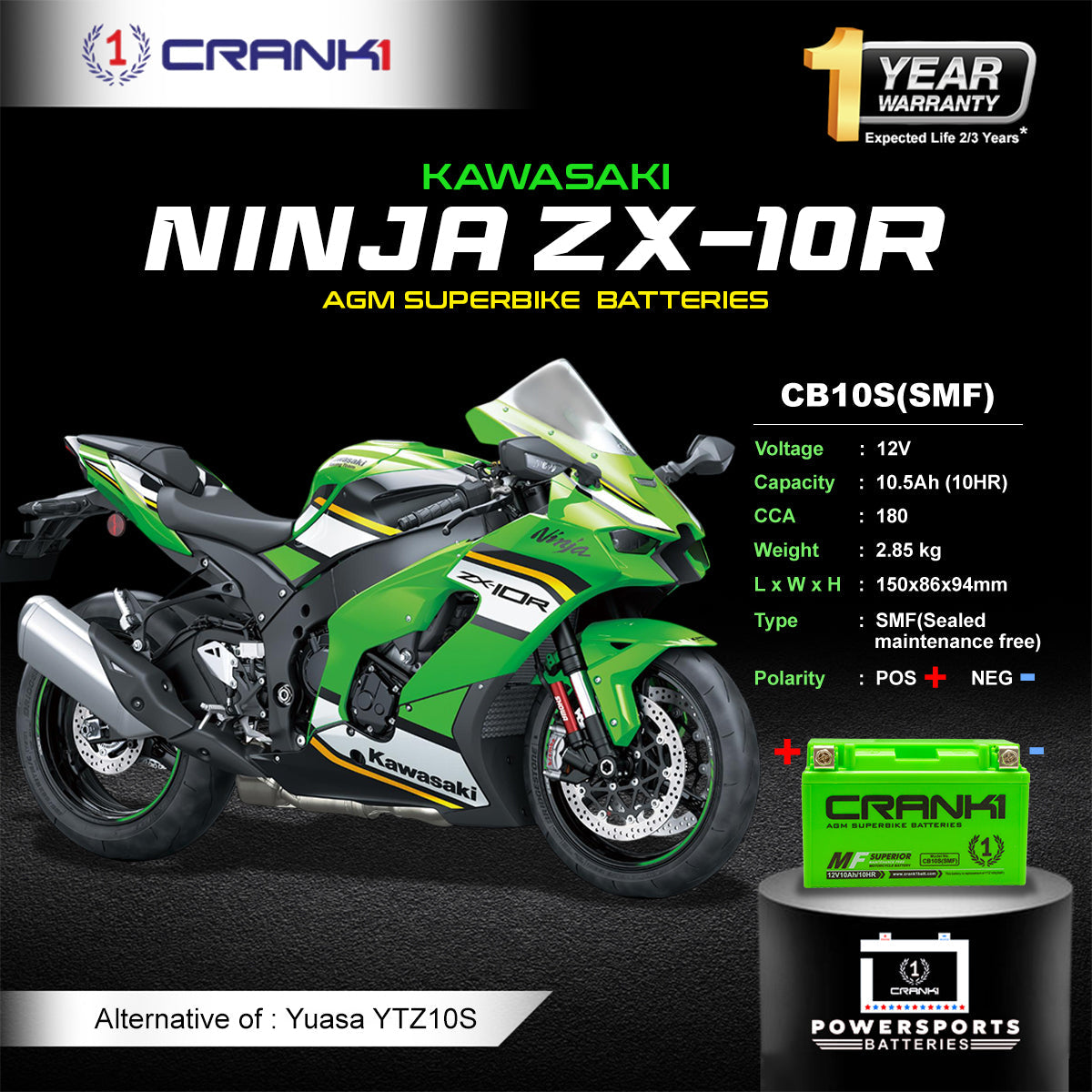 Crank1 Battery For Kawasaki Ninja ZX-10R (2011-2025) - CB10S - Factory Activated