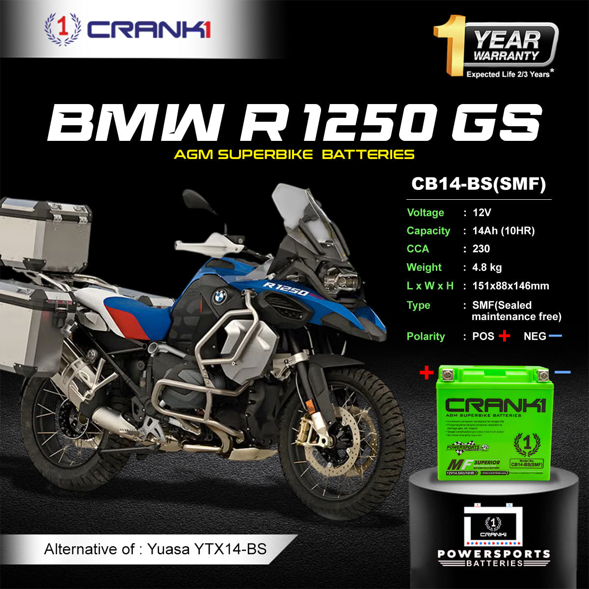 Crank1 Battery For BMW R 1250 GS (2019-2023) - CB14-BS - Factory Activated
