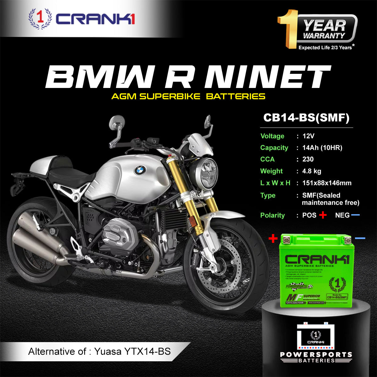 Crank1 Battery For BMW R nineT (2013-2022) - CB14-BS - Factory Activated