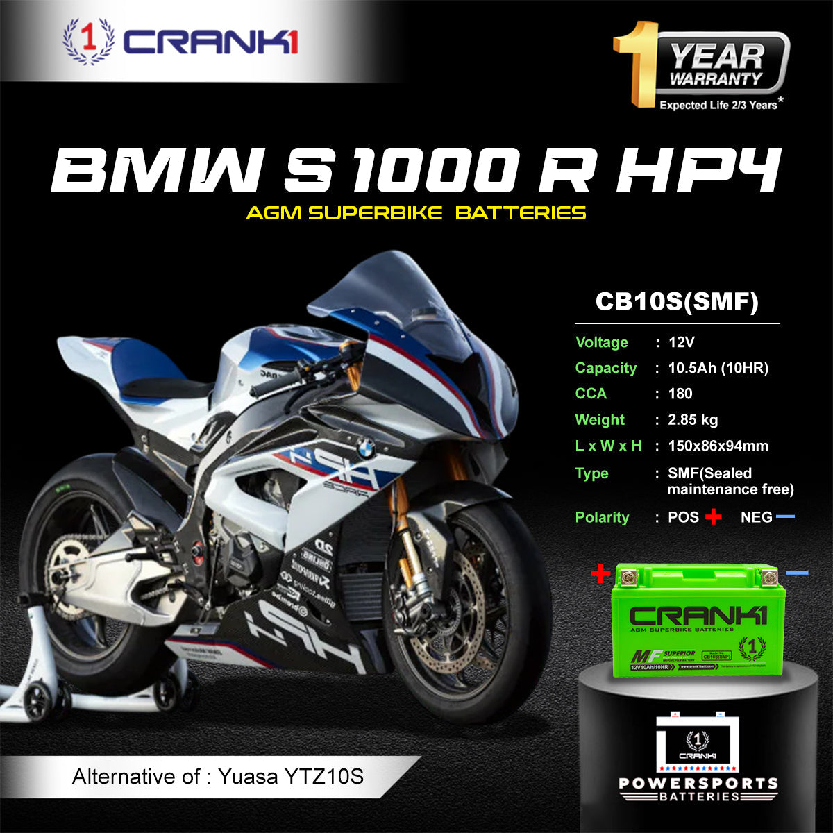Crank1 Battery For BMW S 1000 R HP4 (2013 Onwards) - CB10S - Factory Activated
