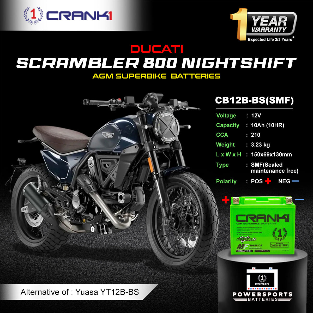 Crank1 Battery For Ducati Scrambler 800 Nightshift (2015-2025) - CB12B-BS - Factory Activated