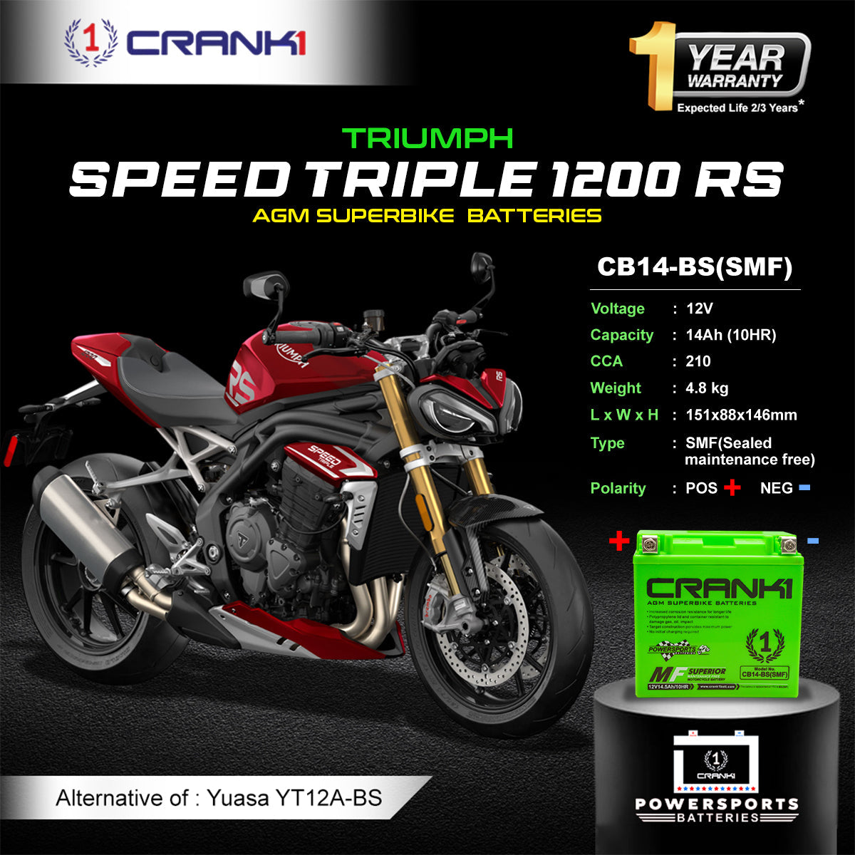 Crank1 Battery For Triumph Speed Triple 1200 RS (2011-2018) - CB14-BS - Factory Activated