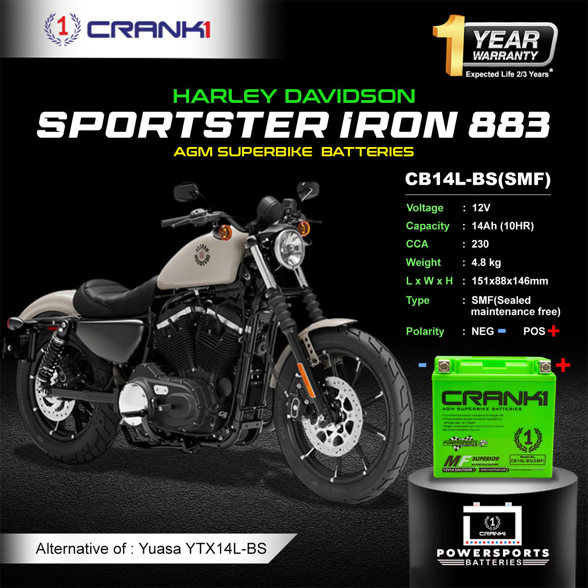 Crank1 Battery For Harley Davidson Sportster Iron 883 (2012-2025) - CB14L-BS - Factory Activated