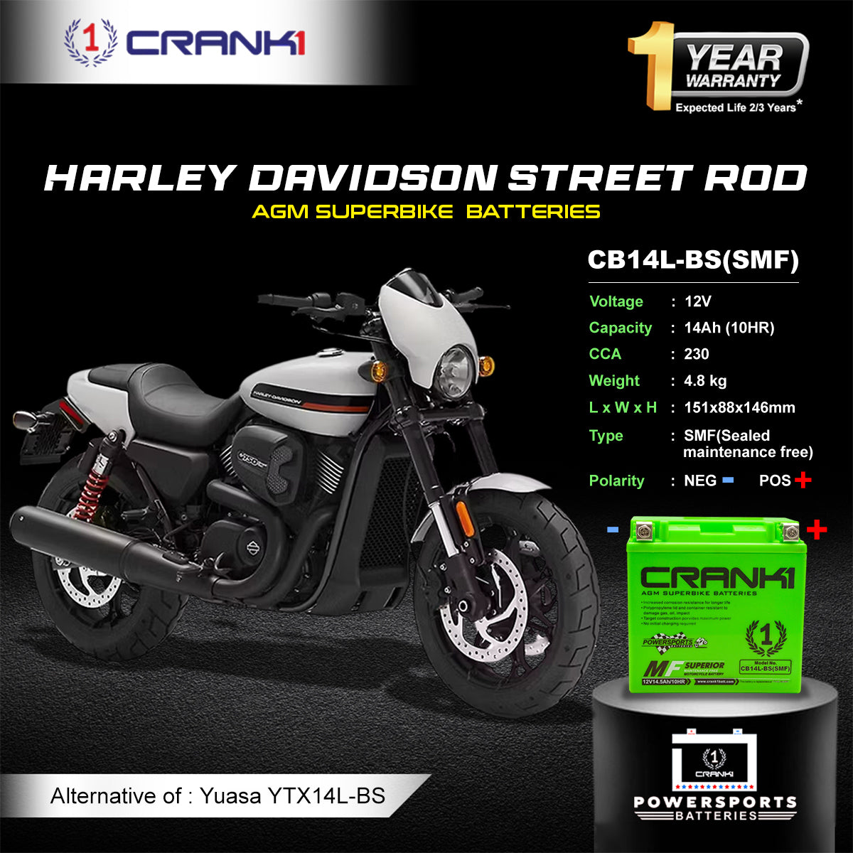 Crank1 Battery For Harley Davidson Street Rod (2011-2025) - CB14L-BS - Factory Activated
