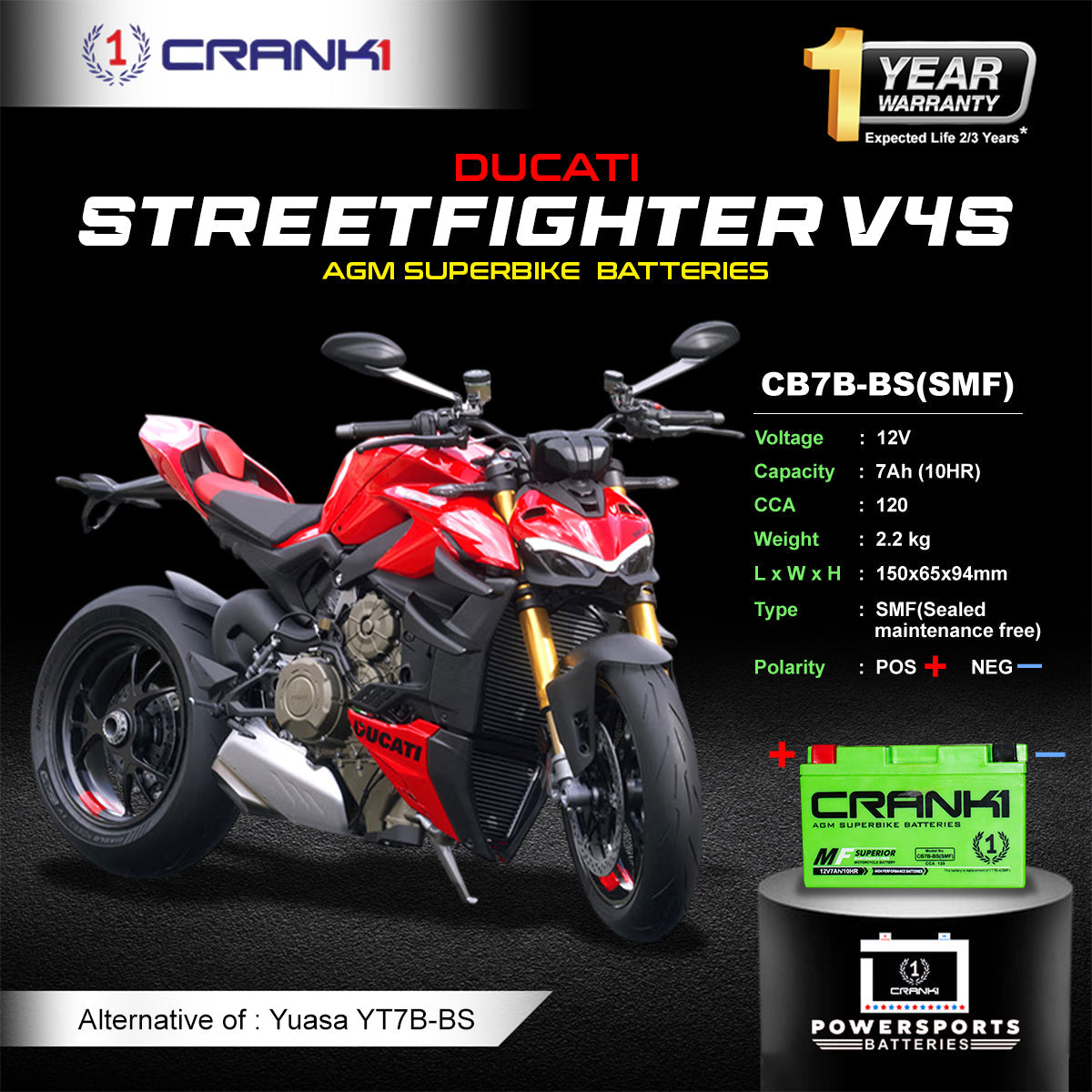 Crank1 Battery For Ducati Streetfighter V4S - CB7B-BS - Factory Activated