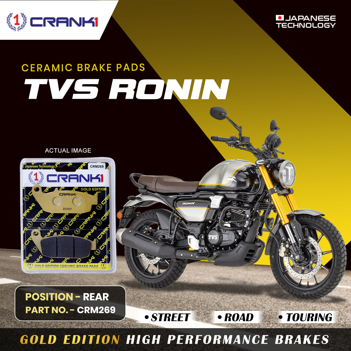 Crank1 Ceramic Brake Pads For TVS Ronin - Rear - CRM269