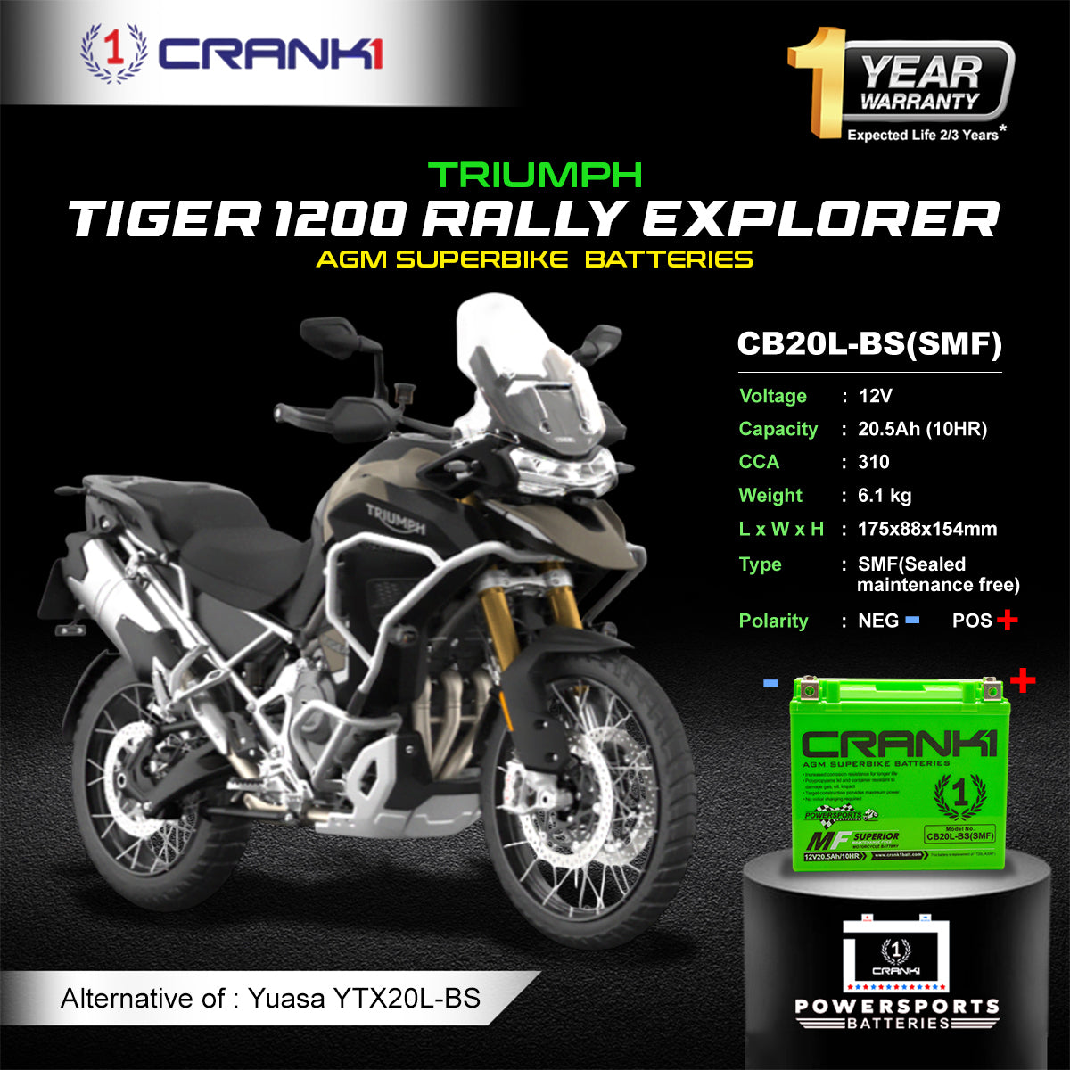 Crank1 Battery For Triumph Tiger 1200 Rally Explorer - CB20L-BS - Factory Activated