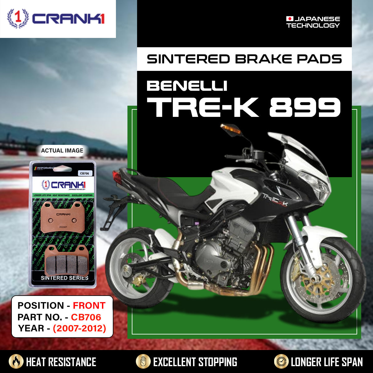 Crank1 Sintered Brake Pads For Benelli Tre-K 899 (2007-2012) - Front - CB706 - 2 Sets