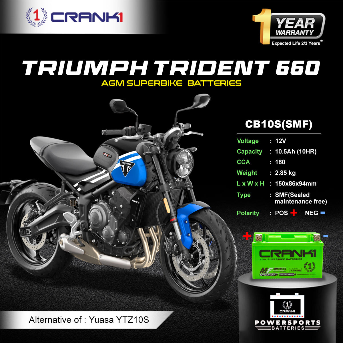 Crank1 Battery For Triumph Trident 660 - CB10S - Factory Activated