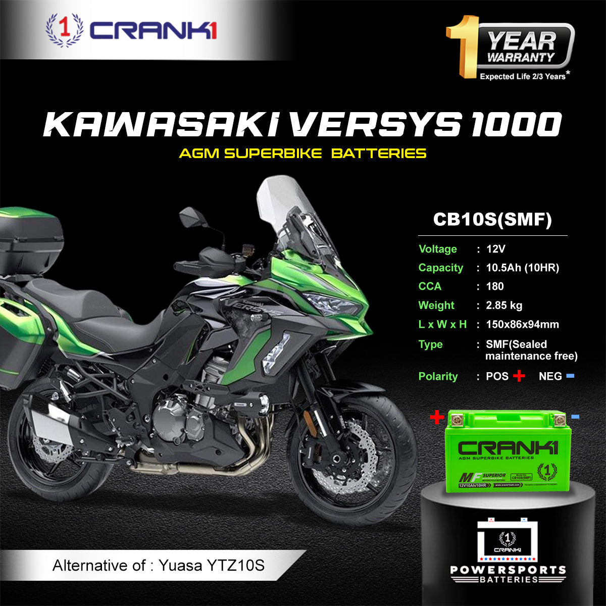 Crank1 Battery For Kawasaki Versys 1000 - CB10S - Factory Activated