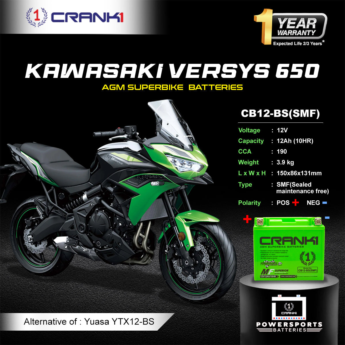 Crank1 Battery For Kawasaki Versys 650 (2008-2025) - CB12-BS - Factory Activated