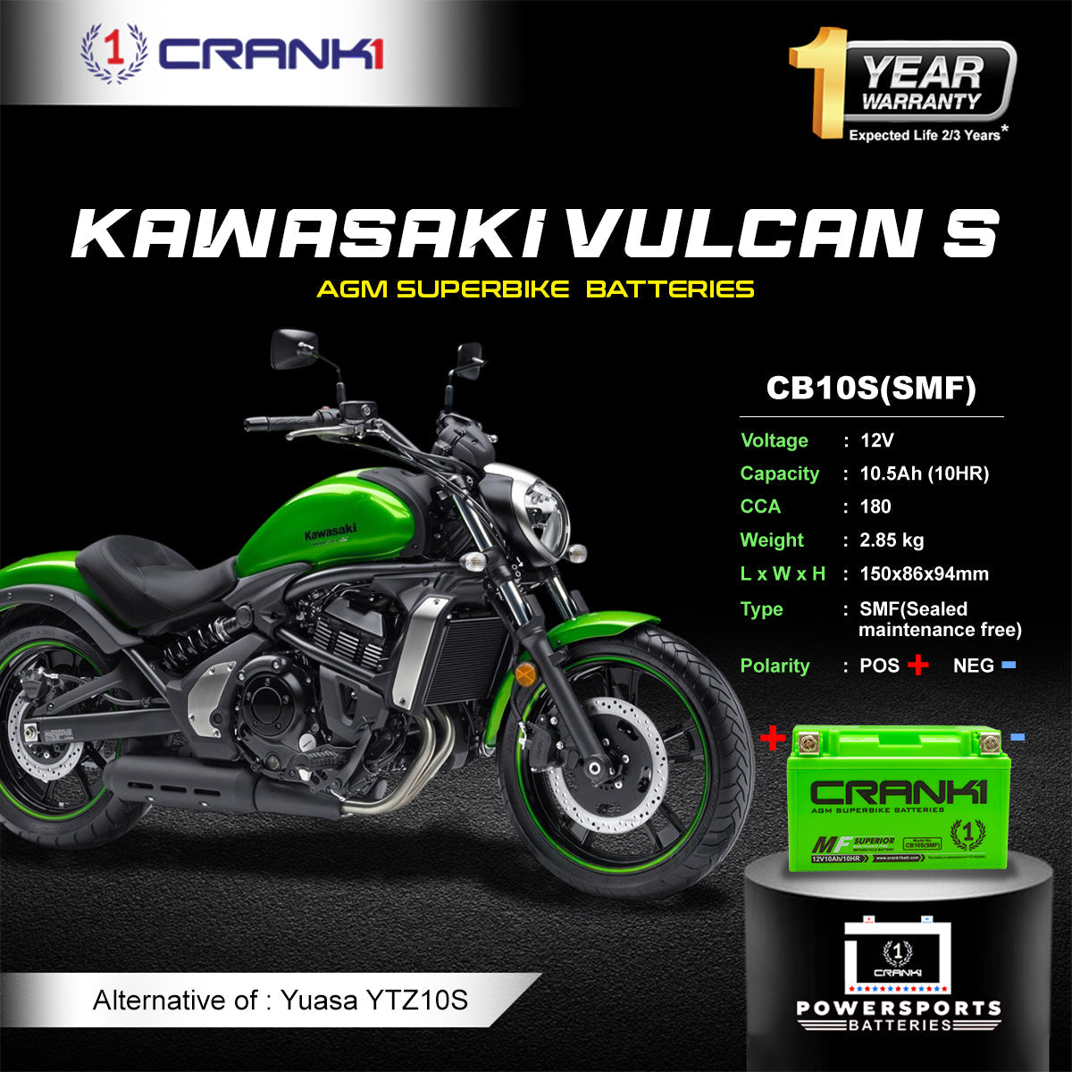 Crank1 Battery For Kawasaki Vulcan S (2010-2025) - CB10S - Factory Activated