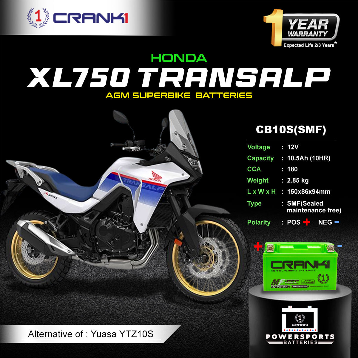 Crank1 Battery For Honda XL 750 Transalp - CB10S - Factory Activated