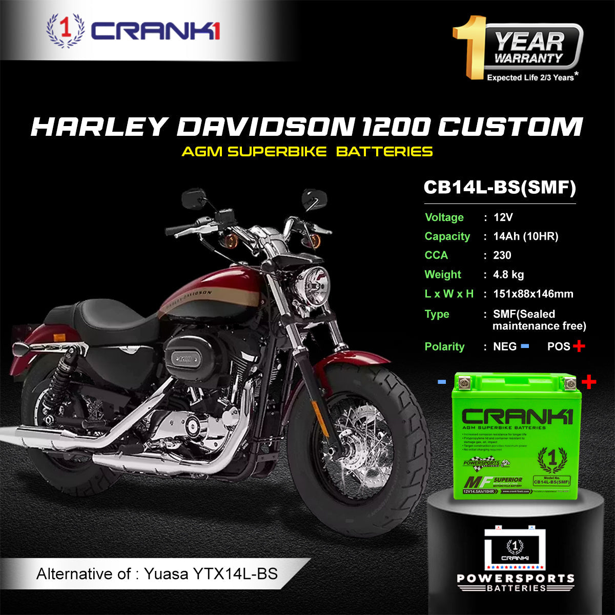 Crank1 Battery For Harley Davidson XL 1200 Custom (2010-2025) - CB14L-BS - Factory Activated