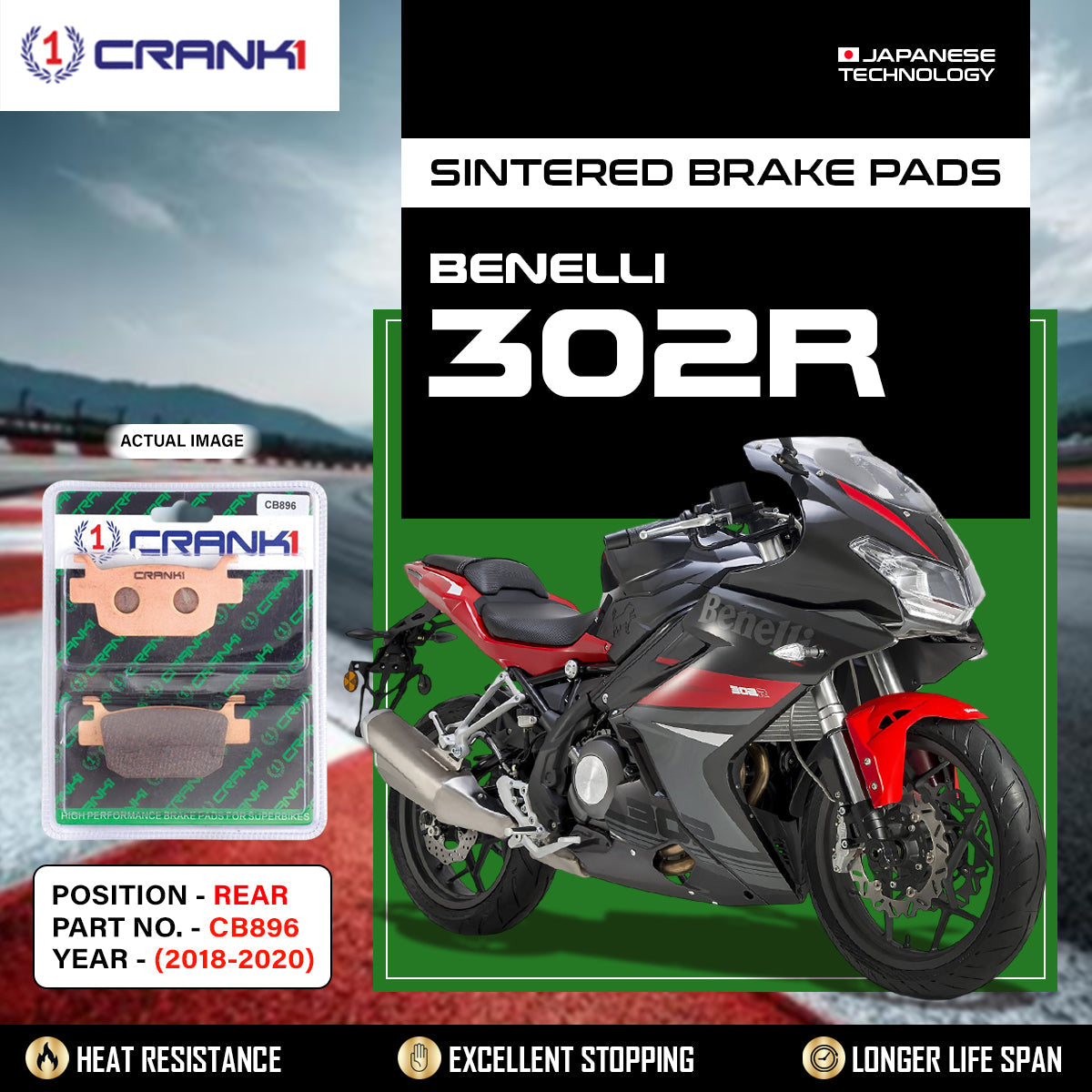 Crank1 Sintered Brake Pads For Benelli 302R (2018-2020) - Rear - CB896