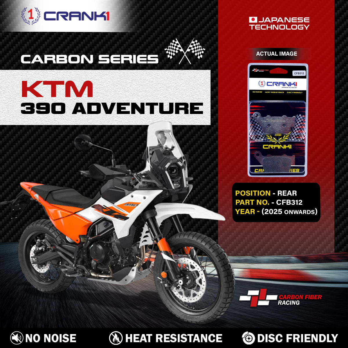 Crank1 Carbon Brake Pads For KTM 390 Adventure (2025 Onwards) - Rear - CFB312